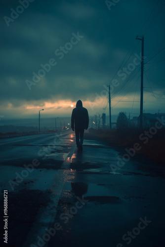 Lonely silhouette walking on wet road at dusk under dramatic storm clouds
