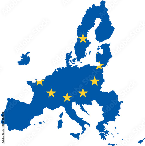 Carte de l’Europe stylisée aux couleurs de l’Union européenne, symbolisant l’unité et la coopération entre les pays.