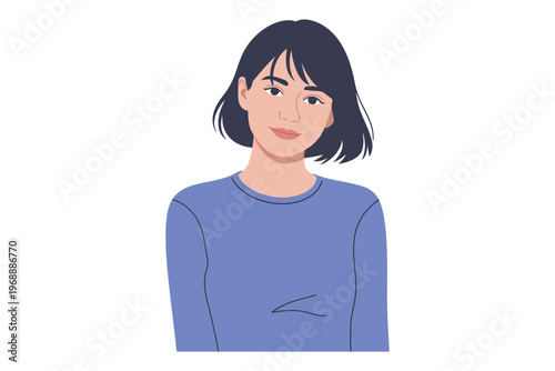 A cartoon illustration of a woman with short black hair and a blue shirt looking directly at the viewer