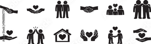 Care and support icon set for healthcare, assistance, protection, and wellbeing concepts.