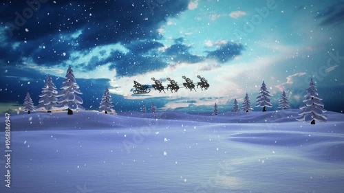 Animation of santa claus in sleigh with reindeer moving over winter landscape at christmas