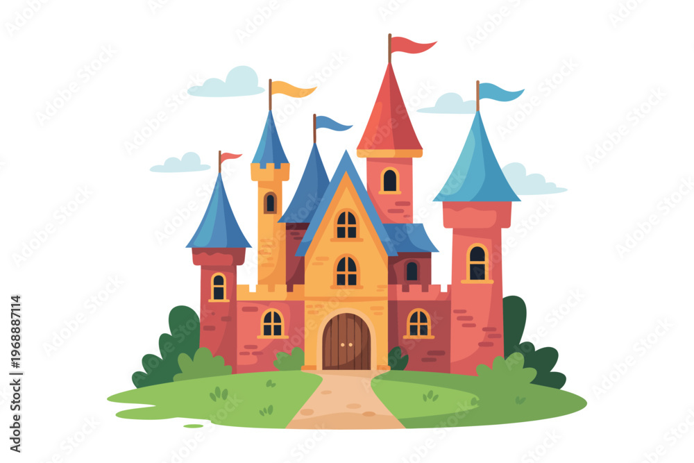 Obraz premium A colorful cartoon castle with blue and red towers and a brown door on a green hill