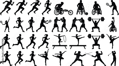 Large Vector Set Of Inclusive Sport Athlete Silhouettes Featuring Parasports Running Boxing Weightlifting Fencing And Gymnastics Icons