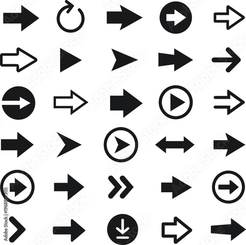 Collection of various black arrow symbols and directional icons on a white background