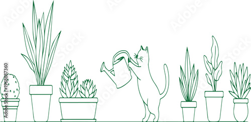 Cat Gardener with Green Plants: A playful drawing of a charming cat tending to a collection of green plants, highlighting the beauty of nature and gardening.