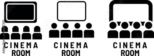 Set of three simple graphic icons representing a cinema room with audience watching screen