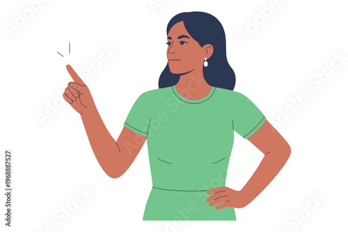 A confident cartoon woman pointing upwards with a thoughtful expression on her face.