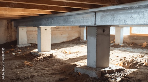 Concrete pillars and steel beams supporting floor joists in crawl space