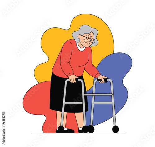 Elderly woman uses a walker.