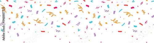 Colorful confetti and streamers falling against a clean white background creating a festive mood