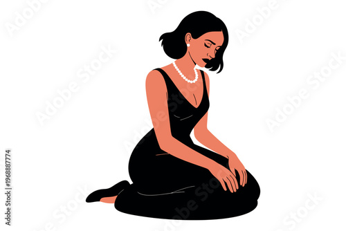 A serene woman in a black dress sitting cross-legged with her hands on her knees in a peaceful pose.