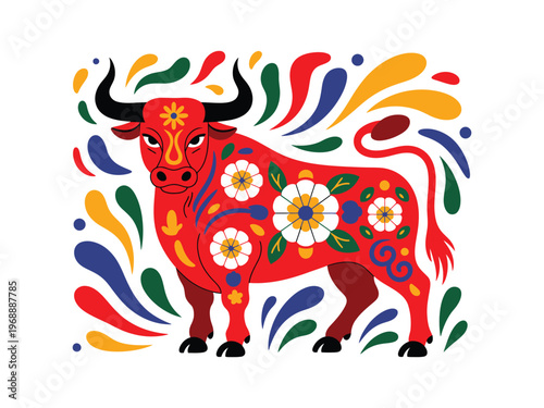 Red bull decorated with floral.