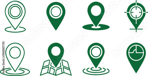 Green Location Icons Collection: A collection of various green location pin icons, each representing a unique geographic marker. Illustrating a sense of place and direction