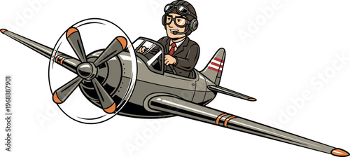 A smiling businessman pilot wearing a helmet flies a vintage airplane