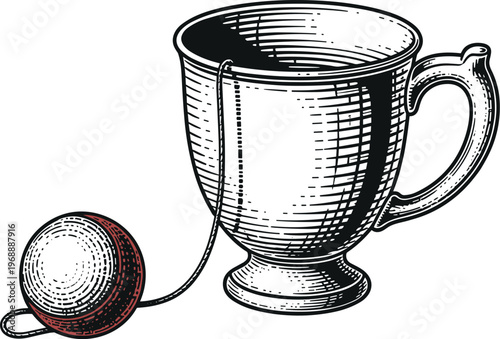 An illustration of a teacup with a tea infuser next to it