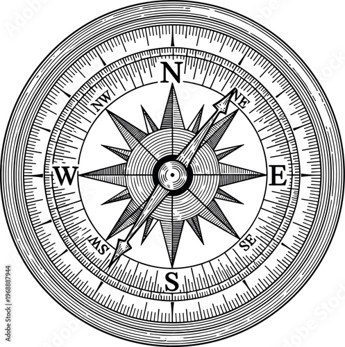 A black and white illustration of a vintage navigational compass