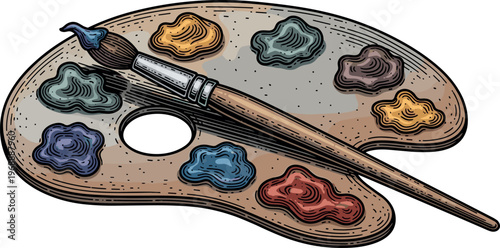 A colorful artist's palette with a paintbrush resting on top of it