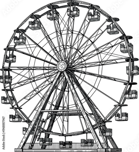 A detailed illustration of a classic Ferris wheel at an amusement park