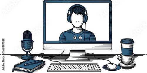 A young professional working remotely with a computer and headset