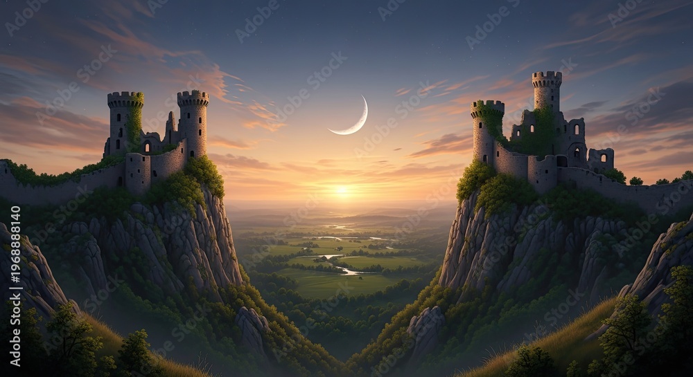 Fototapeta premium Majestic castle on cliffs at sunrise or sunset with crescent moon