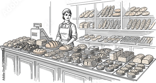 A baker stands behind a counter filled with various types of bread and pastries