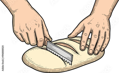 A person skillfully cuts a piece of leather with a handsaw