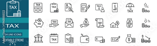 Tax return and business accounting outline icon set featuring tax calculator, piggy bank savings, financial audit envelope, money bag investment, and payment invoice vector illustration on stroke