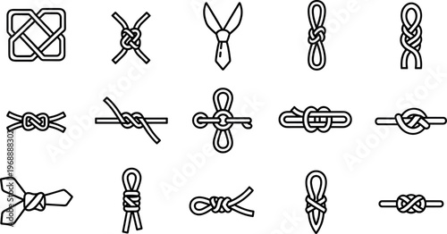 A collection of various knots and rope ties in black line art