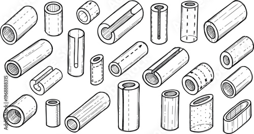 A collection of various cylindrical objects in a technical drawing style