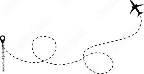 A minimalist illustration depicting a flight path from one location to another