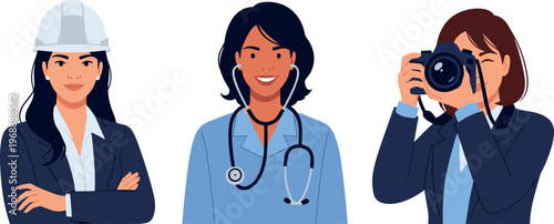 Three professional women in different careers smiling confidently at work