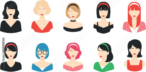 A diverse group of ten cartoon women with different hairstyles and colors