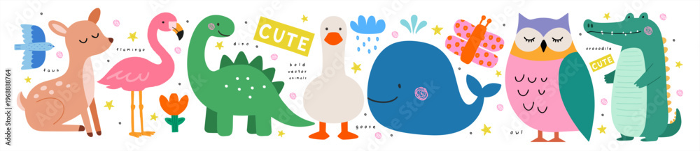 Obraz premium Cute animals. Vector isolated children's illustrations of a deer, fawn, flamingo, dinosaur, goose, owl, and crocodile on a transparent background for children's cards, stickers, icons, and scrapbookin