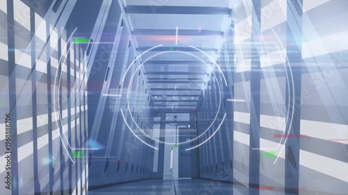 Animation of scope scanning over data processing and light trails against computer server room