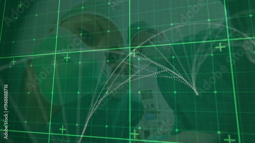 Animation of dna strand over grid and diverse surgeons