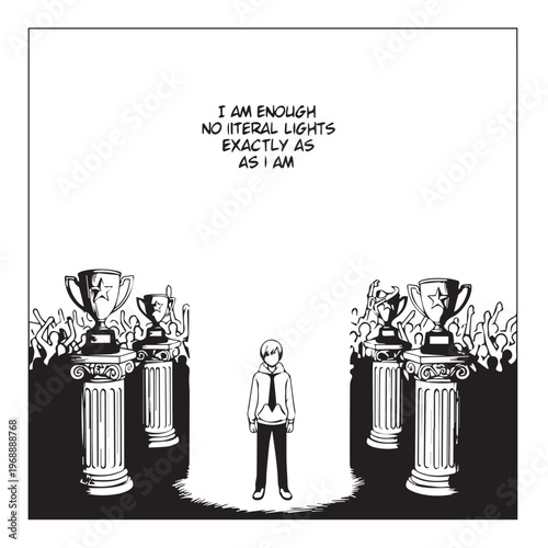 Vector illustration, motivational quote, self-acceptance concept, black and white cartoon, man with trophies