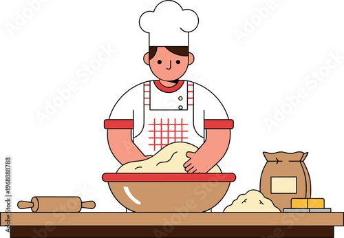 A cartoon chef kneading dough in a large bowl on a wooden counter