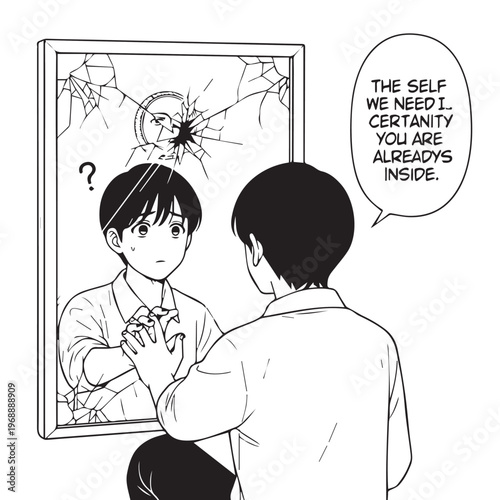 Manga style illustration, self reflection, man looking at broken mirror, motivational quote