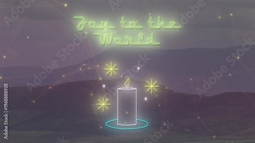 Animation of joy to the world text with candle over light spots and landscape