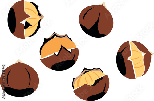 An illustration of six brown hazelnuts with cracked shells and visible kernels