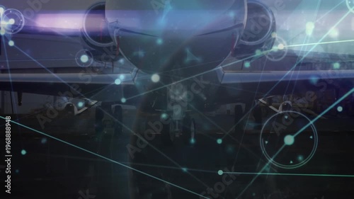 Animation of network of connections over airplane at an airport