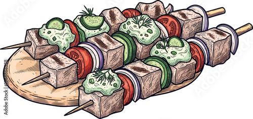 A vibrant illustration of colorful skewers on a wooden platter
