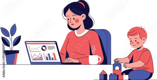 A woman works on her laptop while her child plays beside her