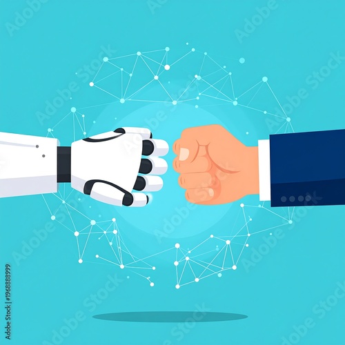 Illustration showing a robot and human fist bumping, with digital network in the background and a turquoise backdrop