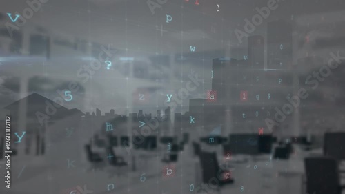 Animation of cyber attack warning over woman on office