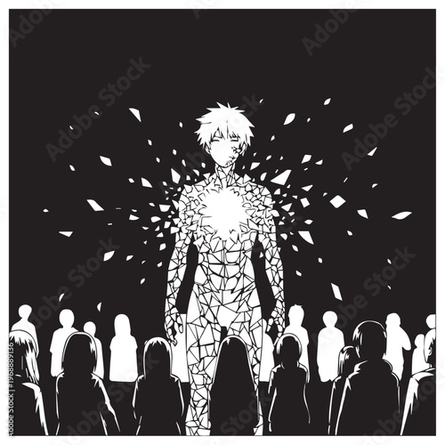 Stylized human figure, shattered mosaic, standing alone, crowd silhouettes, black and white vector