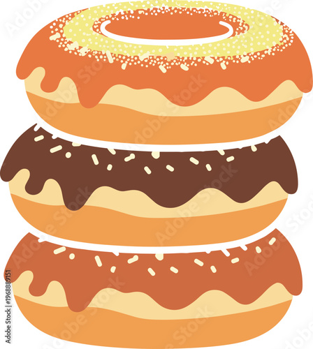 A stack of three donuts with caramel and chocolate icing toppings