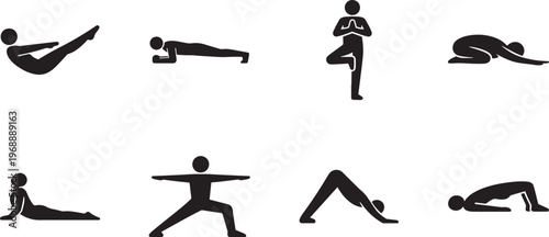 Pilates icon set representing body balance, flexibility and core workout in clean minimal style