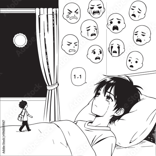 Manga style illustration, emotional faces, man in bed, moonlight through window, night scene