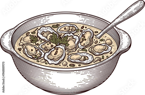 A bowl of oysters in a creamy broth with a spoon